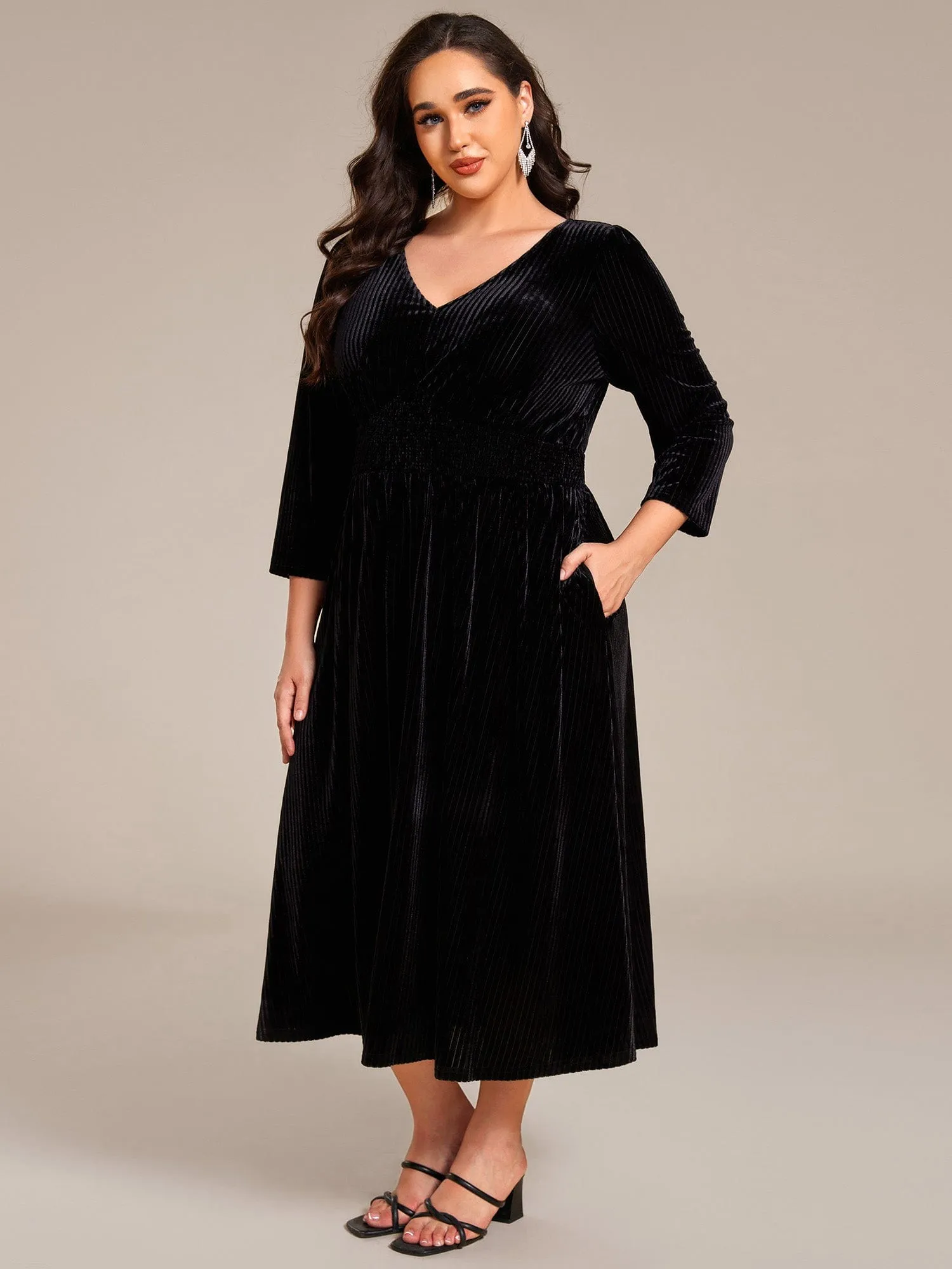 V-neck Long Sleeve Velvet A-Line Midi Wedding Guest Dress