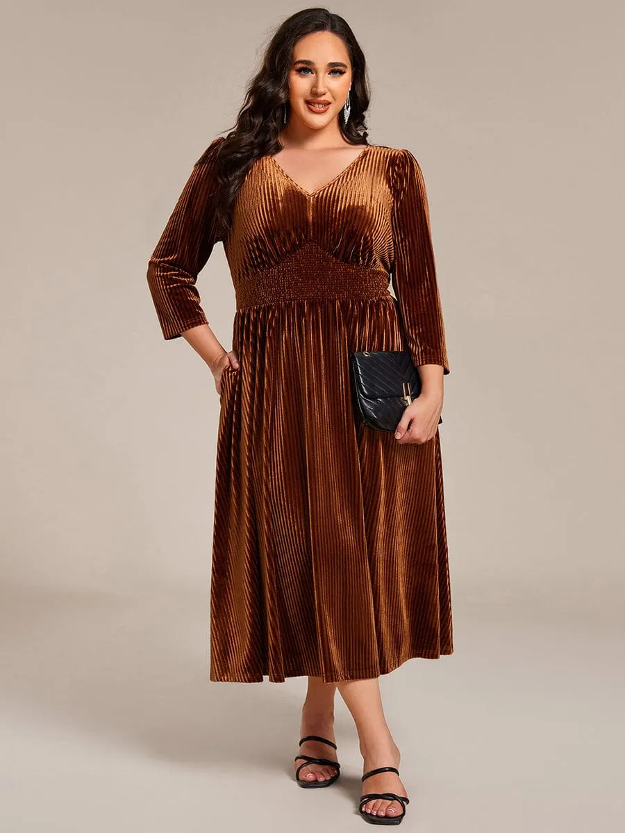 V-neck Long Sleeve Velvet A-Line Midi Wedding Guest Dress