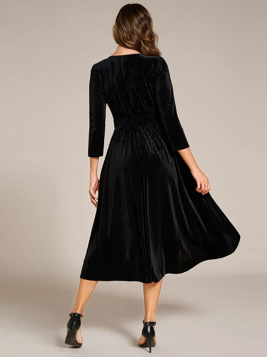 V-neck Long Sleeve Velvet A-Line Midi Wedding Guest Dress
