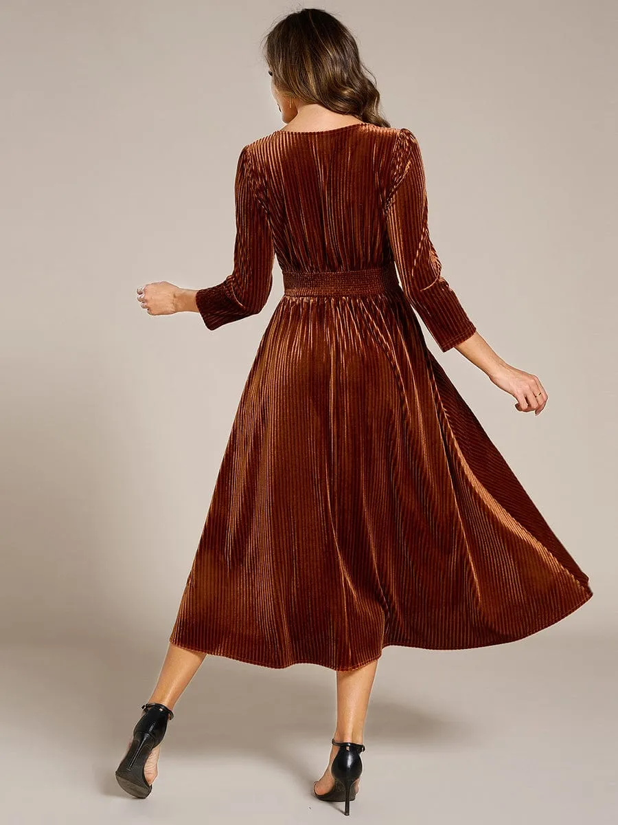 V-neck Long Sleeve Velvet A-Line Midi Wedding Guest Dress