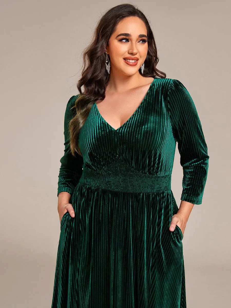 V-neck Long Sleeve Velvet A-Line Midi Wedding Guest Dress