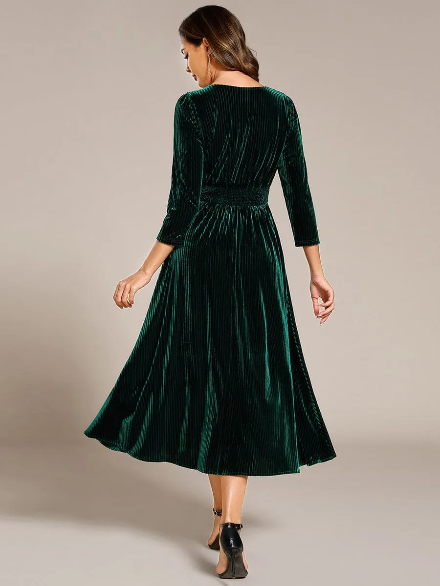 V-neck Long Sleeve Velvet A-Line Midi Wedding Guest Dress