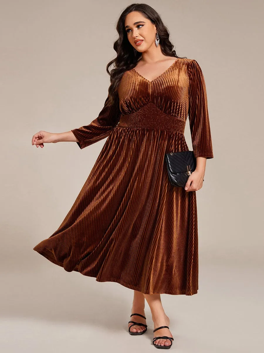 V-neck Long Sleeve Velvet A-Line Midi Wedding Guest Dress