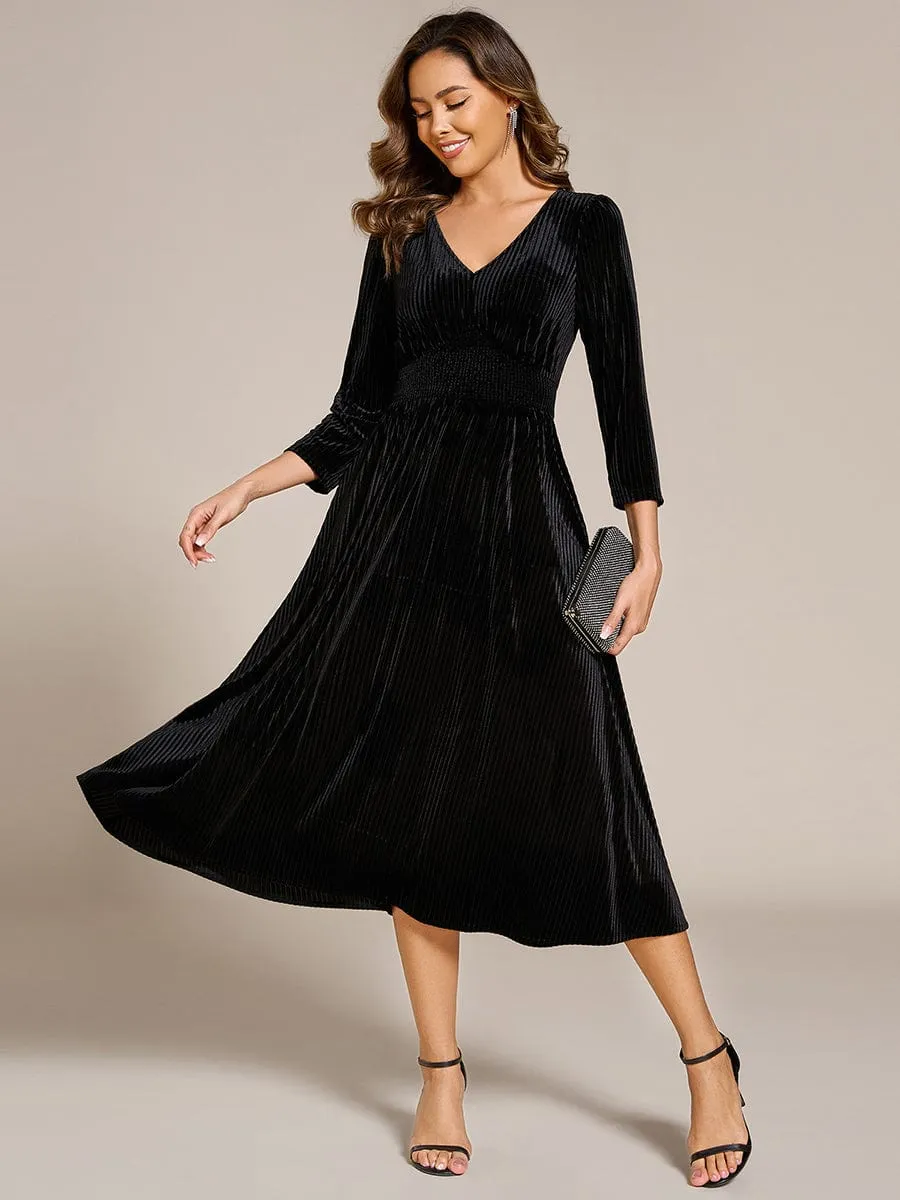 V-neck Long Sleeve Velvet A-Line Midi Wedding Guest Dress