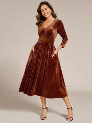 V-neck Long Sleeve Velvet A-Line Midi Wedding Guest Dress