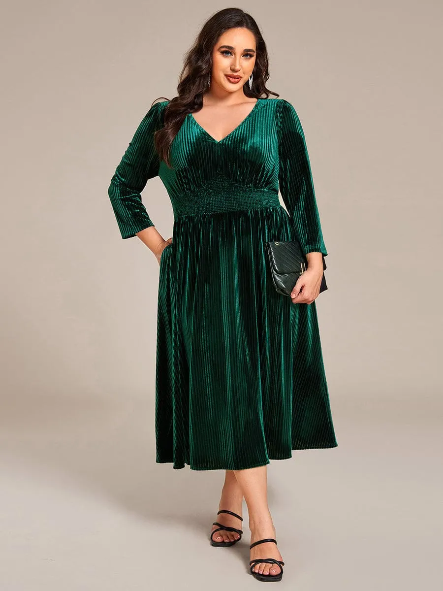 V-neck Long Sleeve Velvet A-Line Midi Wedding Guest Dress