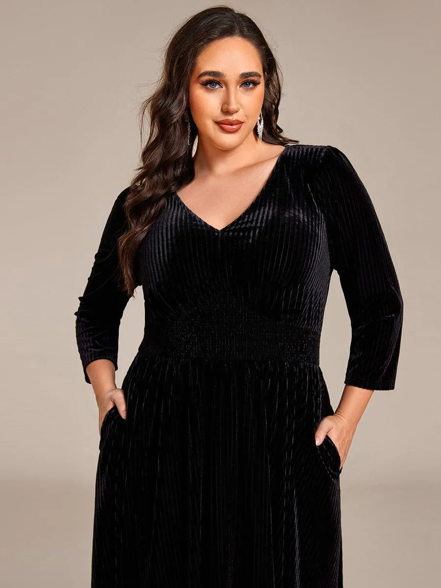 V-neck Long Sleeve Velvet A-Line Midi Wedding Guest Dress