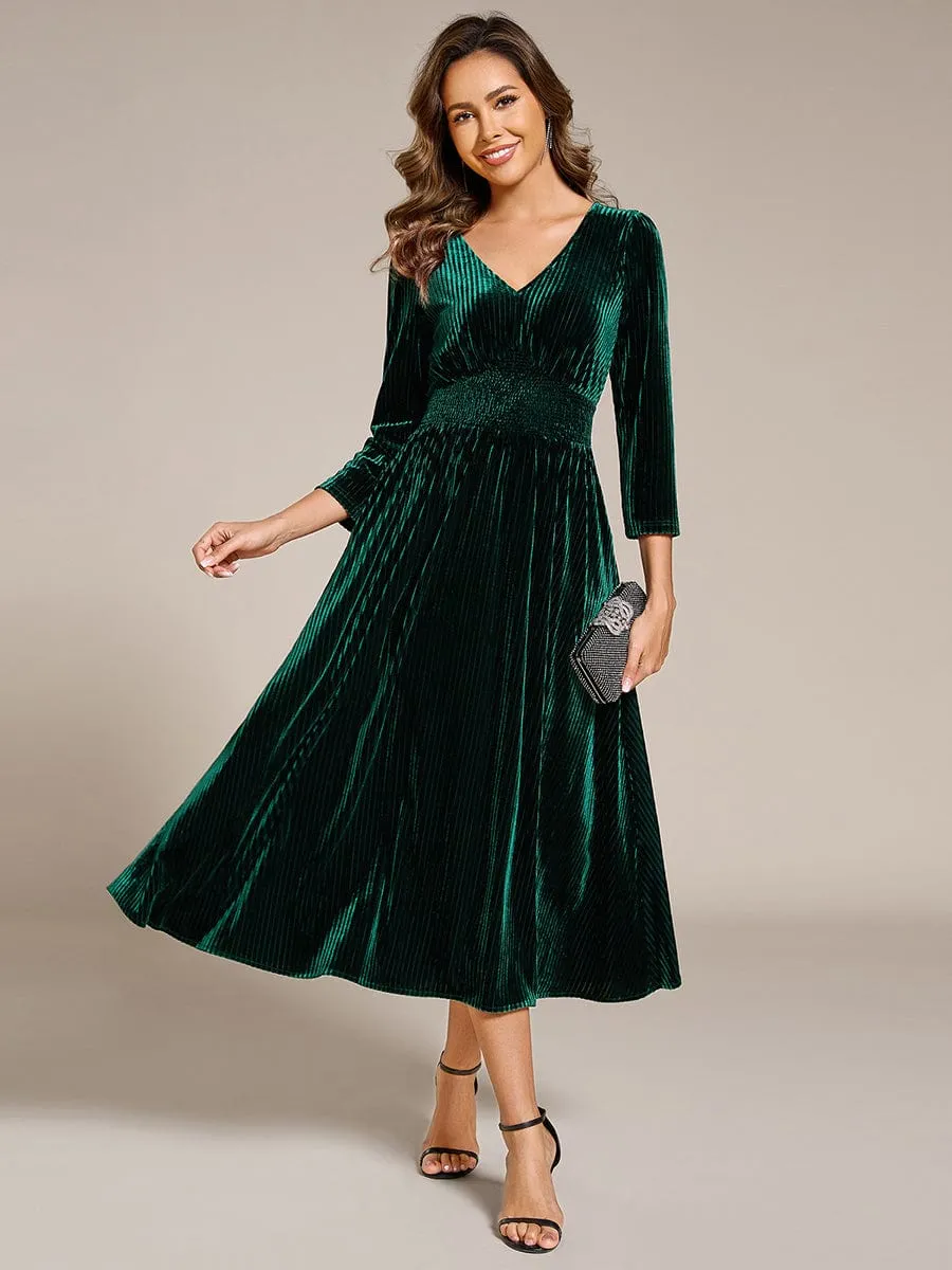 V-neck Long Sleeve Velvet A-Line Midi Wedding Guest Dress