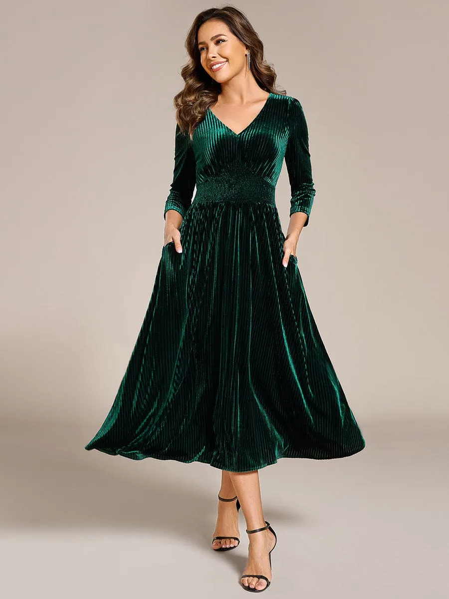 V-neck Long Sleeve Velvet A-Line Midi Wedding Guest Dress