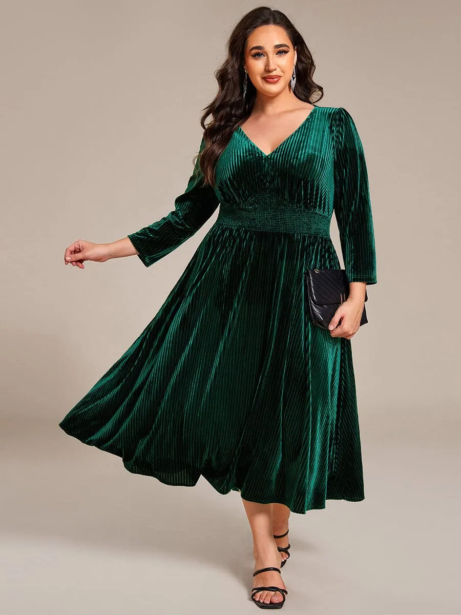 V-neck Long Sleeve Velvet A-Line Midi Wedding Guest Dress