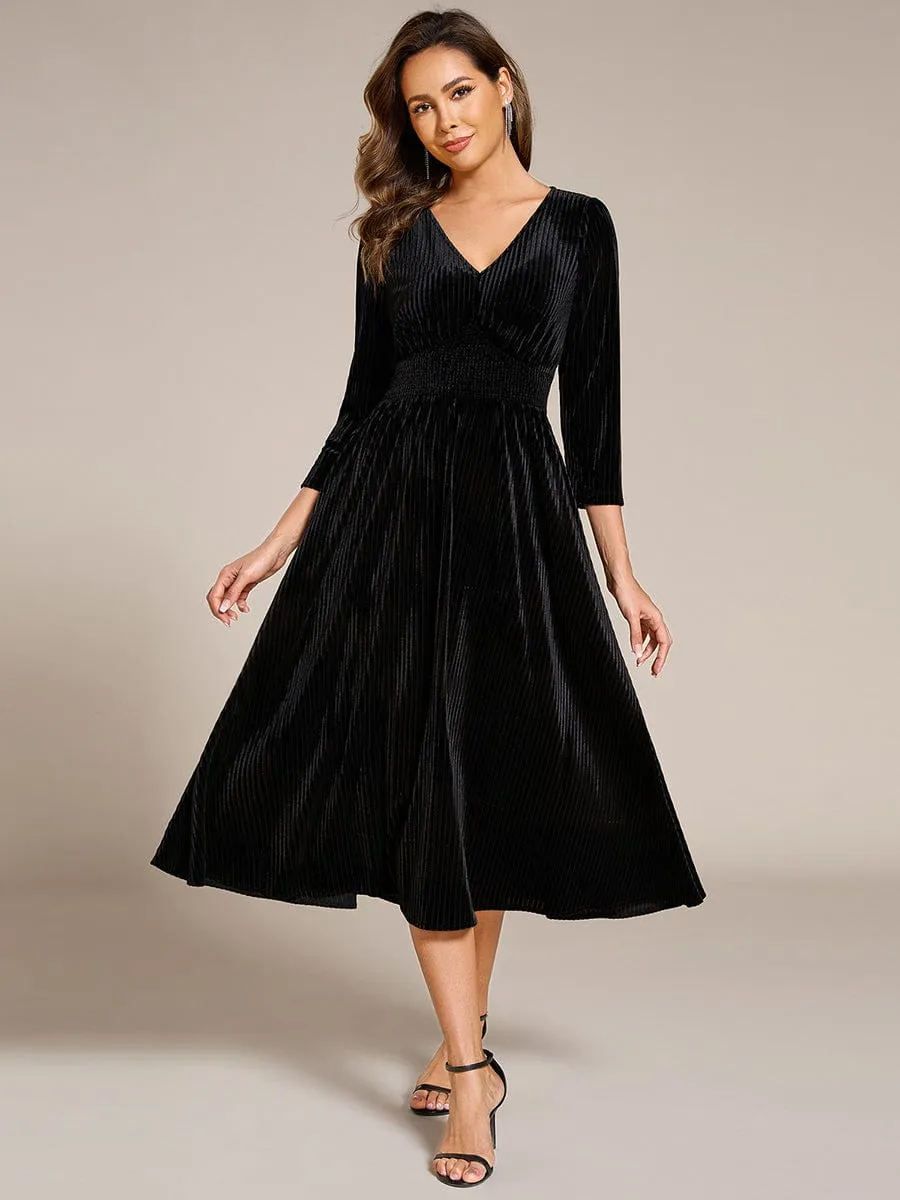 V-neck Long Sleeve Velvet A-Line Midi Wedding Guest Dress