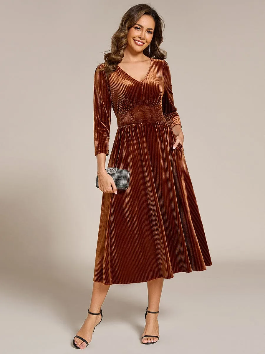 V-neck Long Sleeve Velvet A-Line Midi Wedding Guest Dress