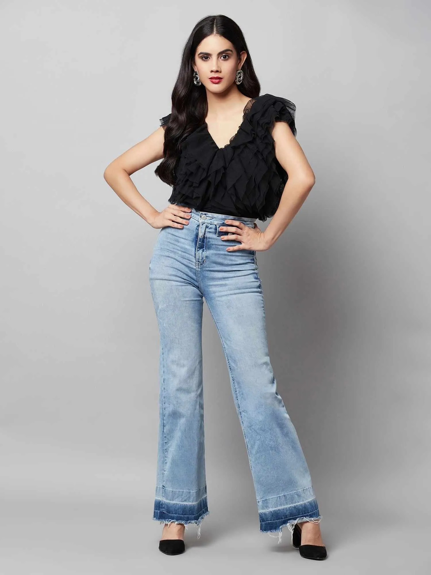 Vacay Multi Layer Black Ruffle Bodysuit