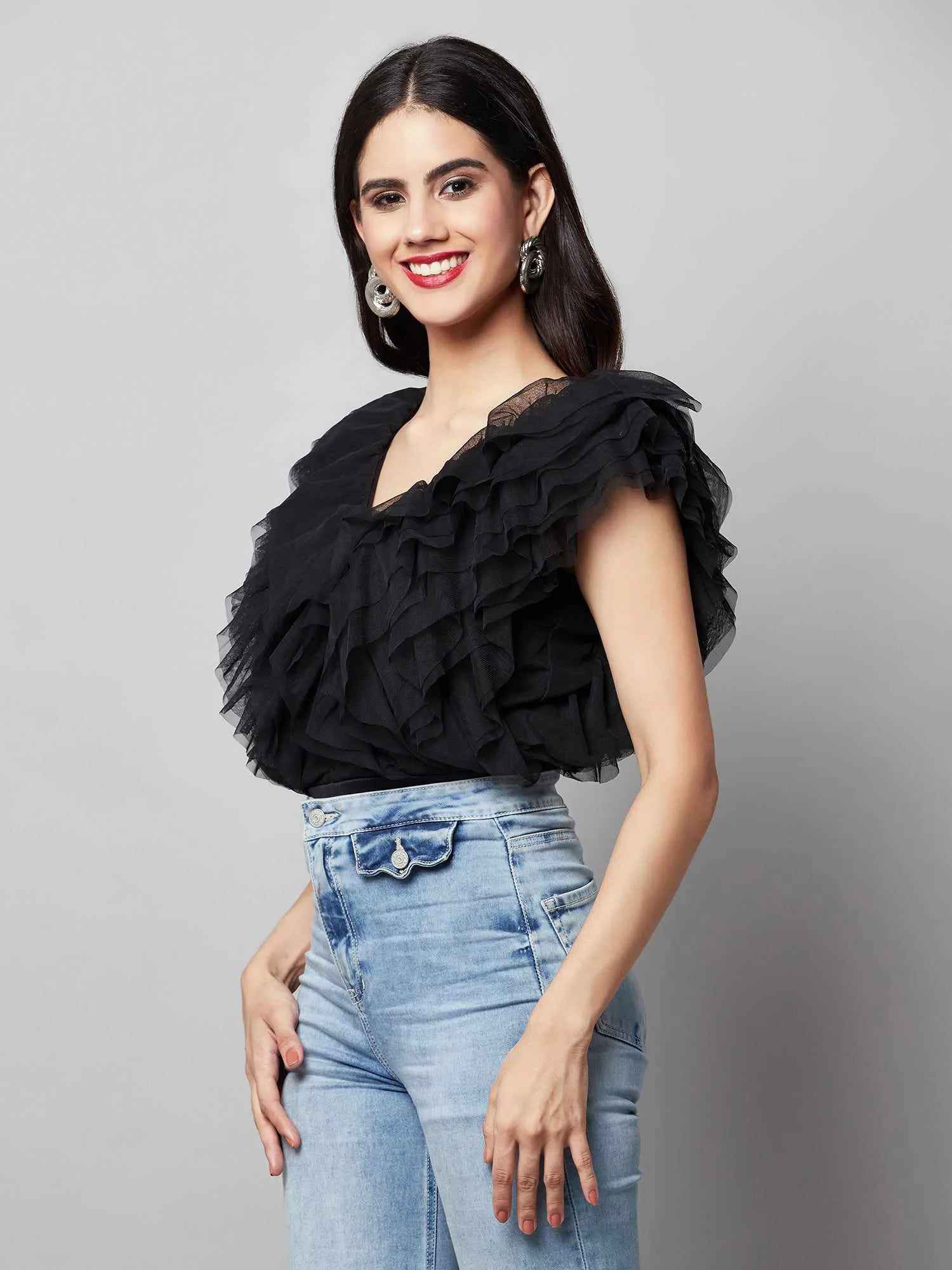 Vacay Multi Layer Black Ruffle Bodysuit