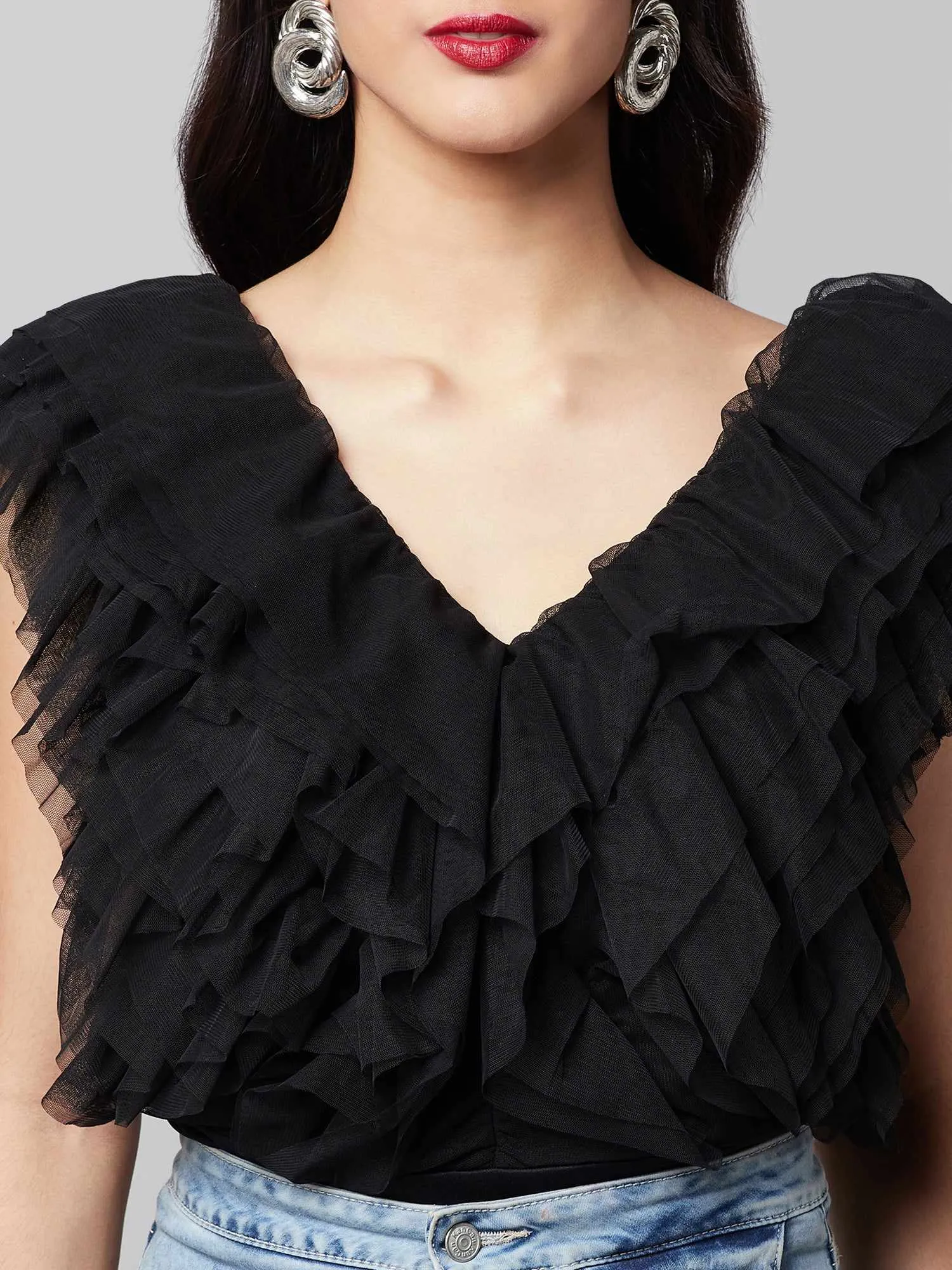 Vacay Multi Layer Black Ruffle Bodysuit