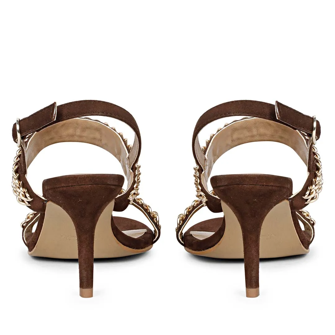 Valeria Gold Chain Brown Suede Leather Stilettos