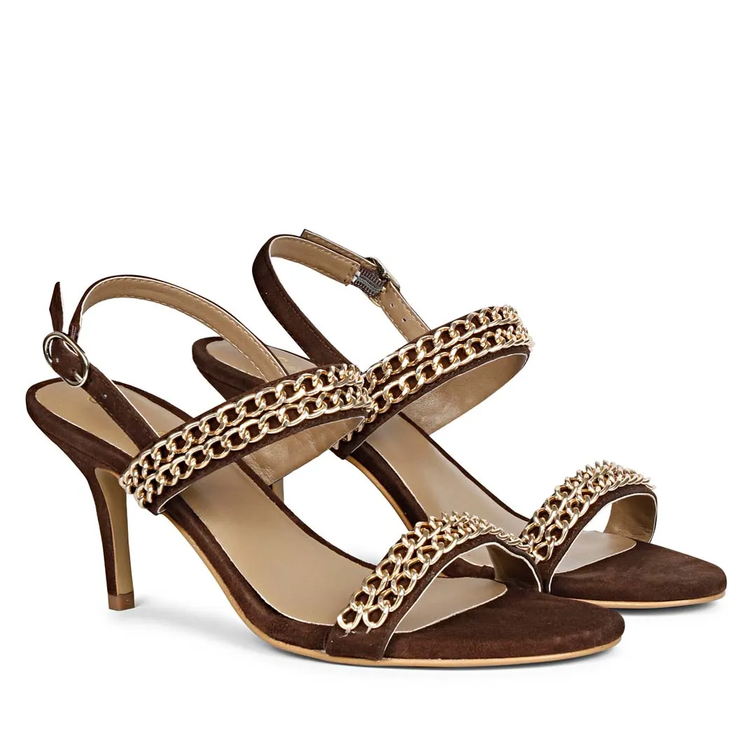 Valeria Gold Chain Brown Suede Leather Stilettos