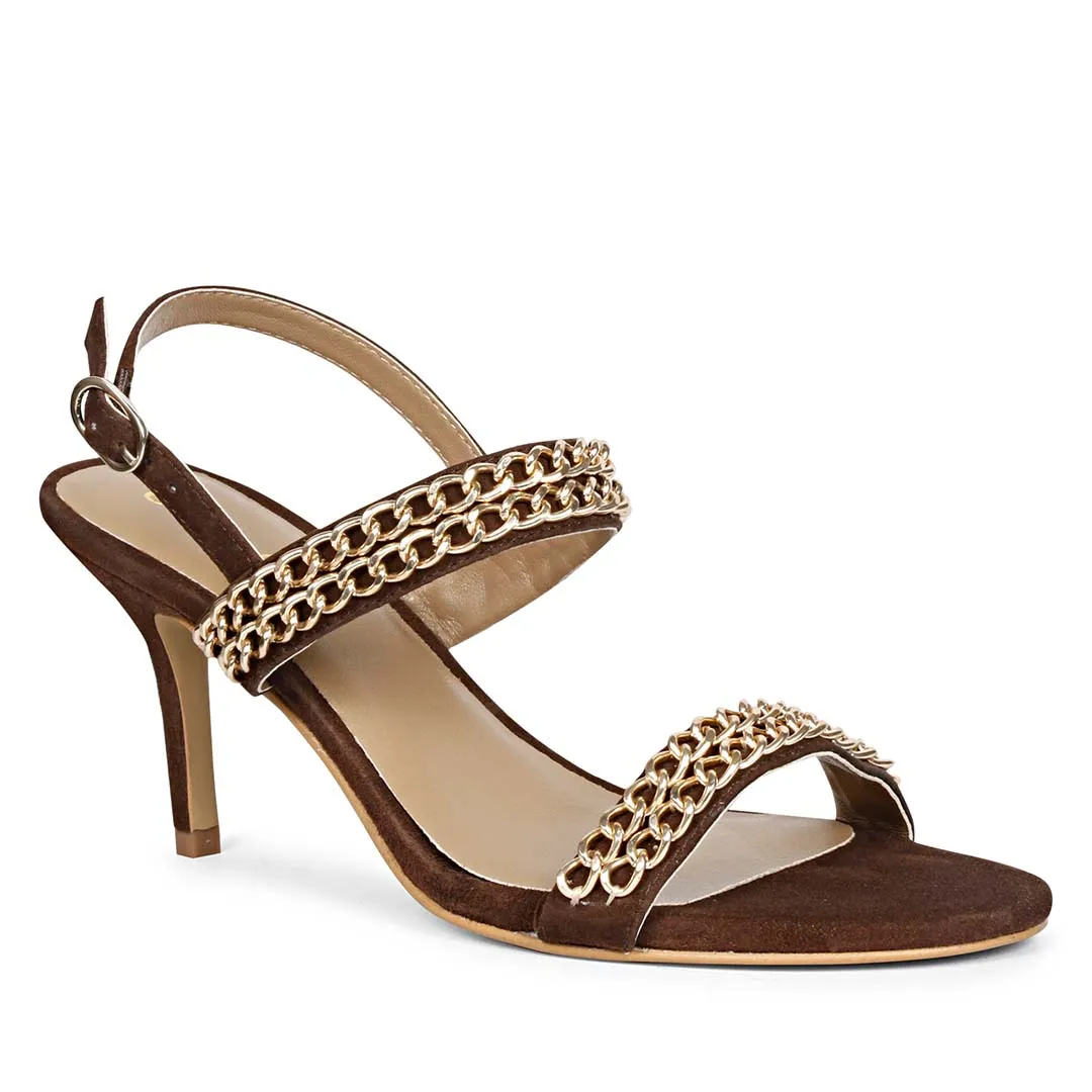 Valeria Gold Chain Brown Suede Leather Stilettos