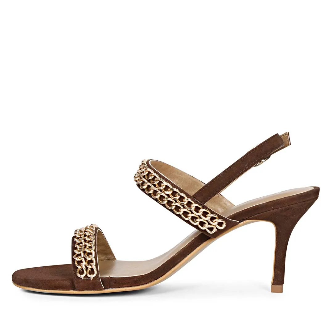 Valeria Gold Chain Brown Suede Leather Stilettos