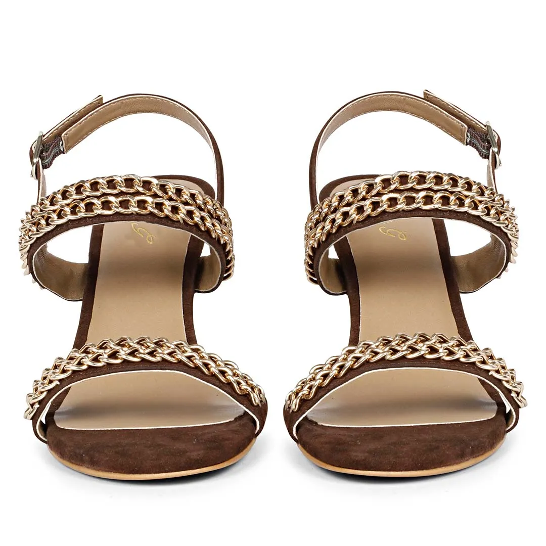 Valeria Gold Chain Brown Suede Leather Stilettos