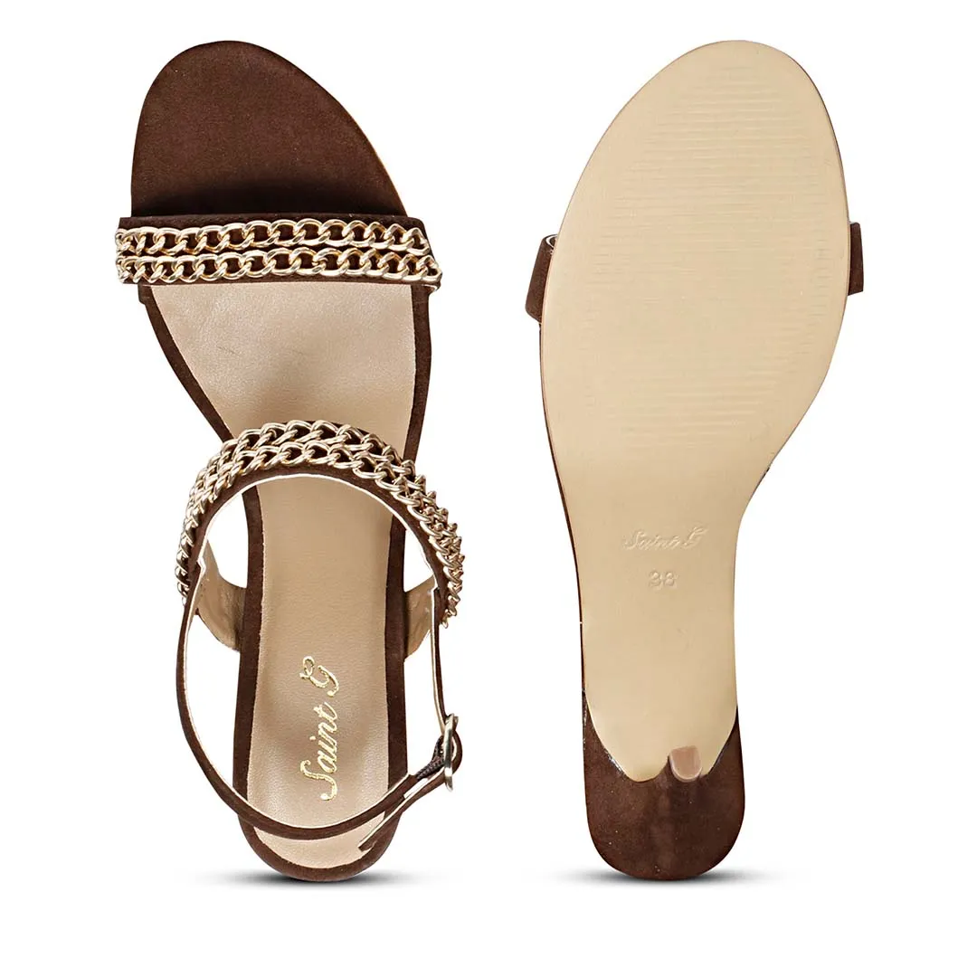 Valeria Gold Chain Brown Suede Leather Stilettos