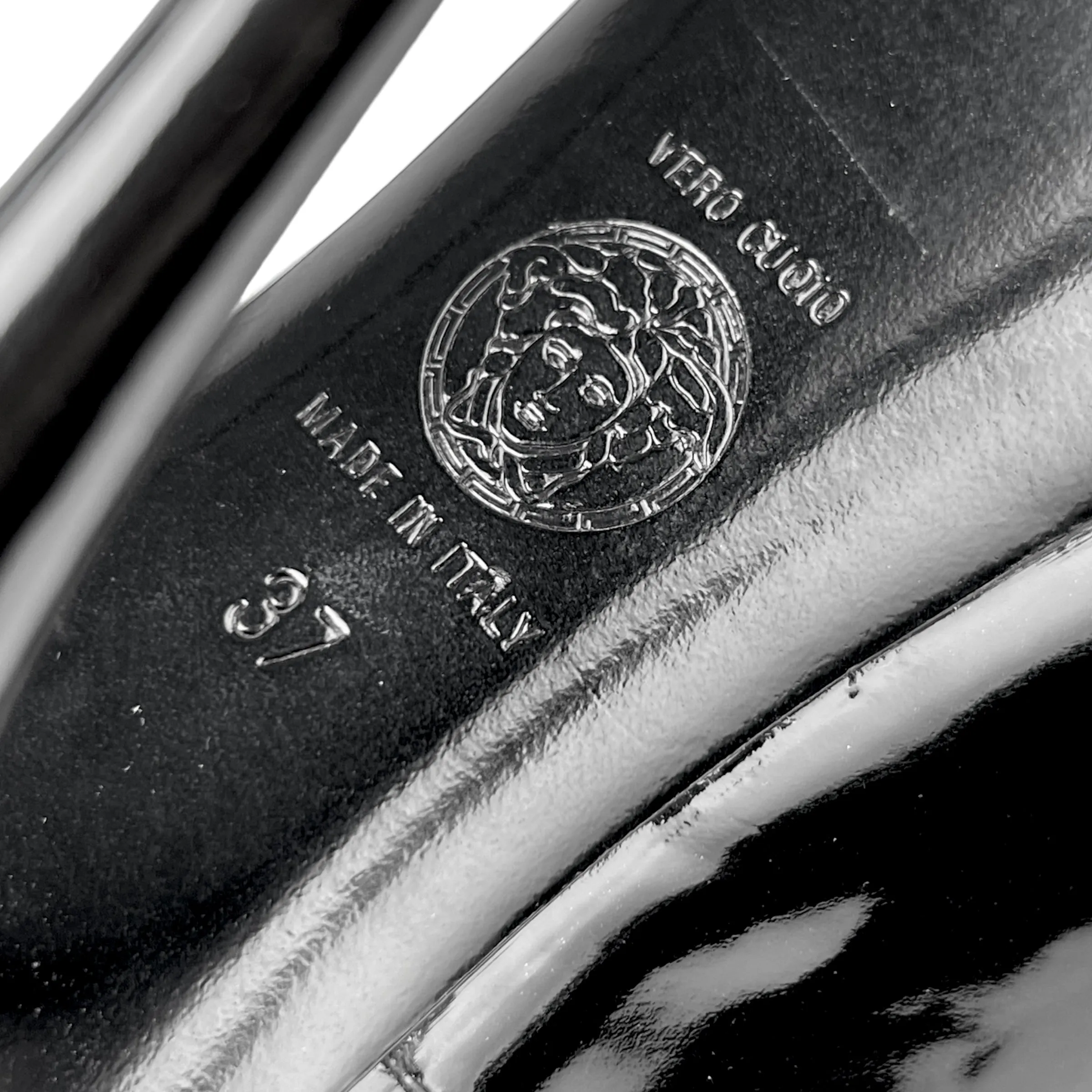 Versace Black and White Patent Leather Double Platform Peep Toe Heels