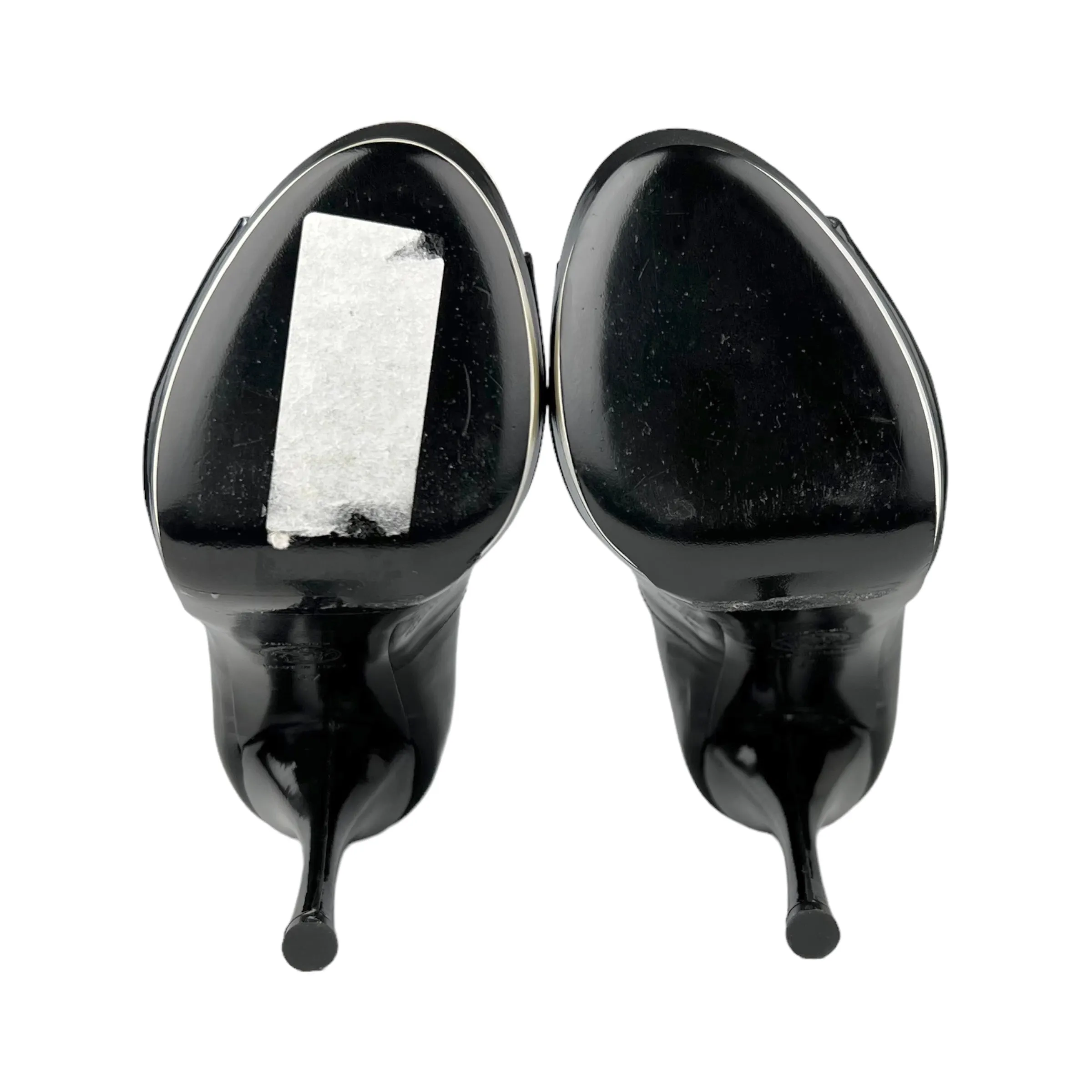 Versace Black and White Patent Leather Double Platform Peep Toe Heels