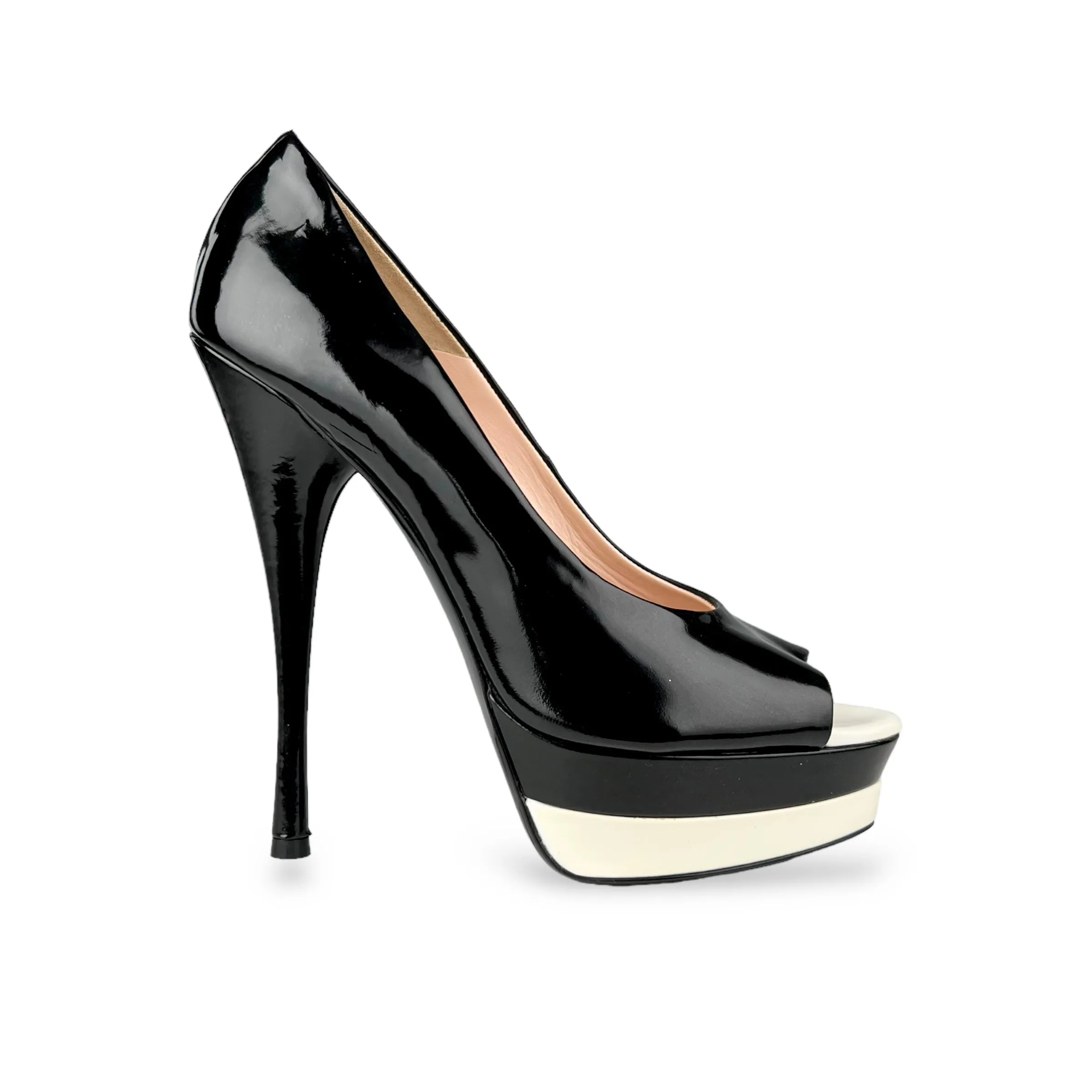 Versace Black and White Patent Leather Double Platform Peep Toe Heels