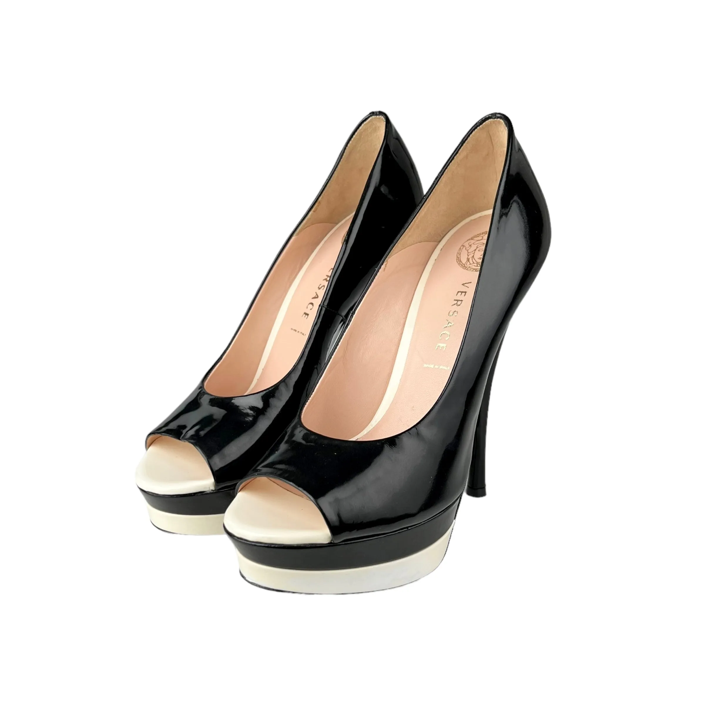 Versace Black and White Patent Leather Double Platform Peep Toe Heels