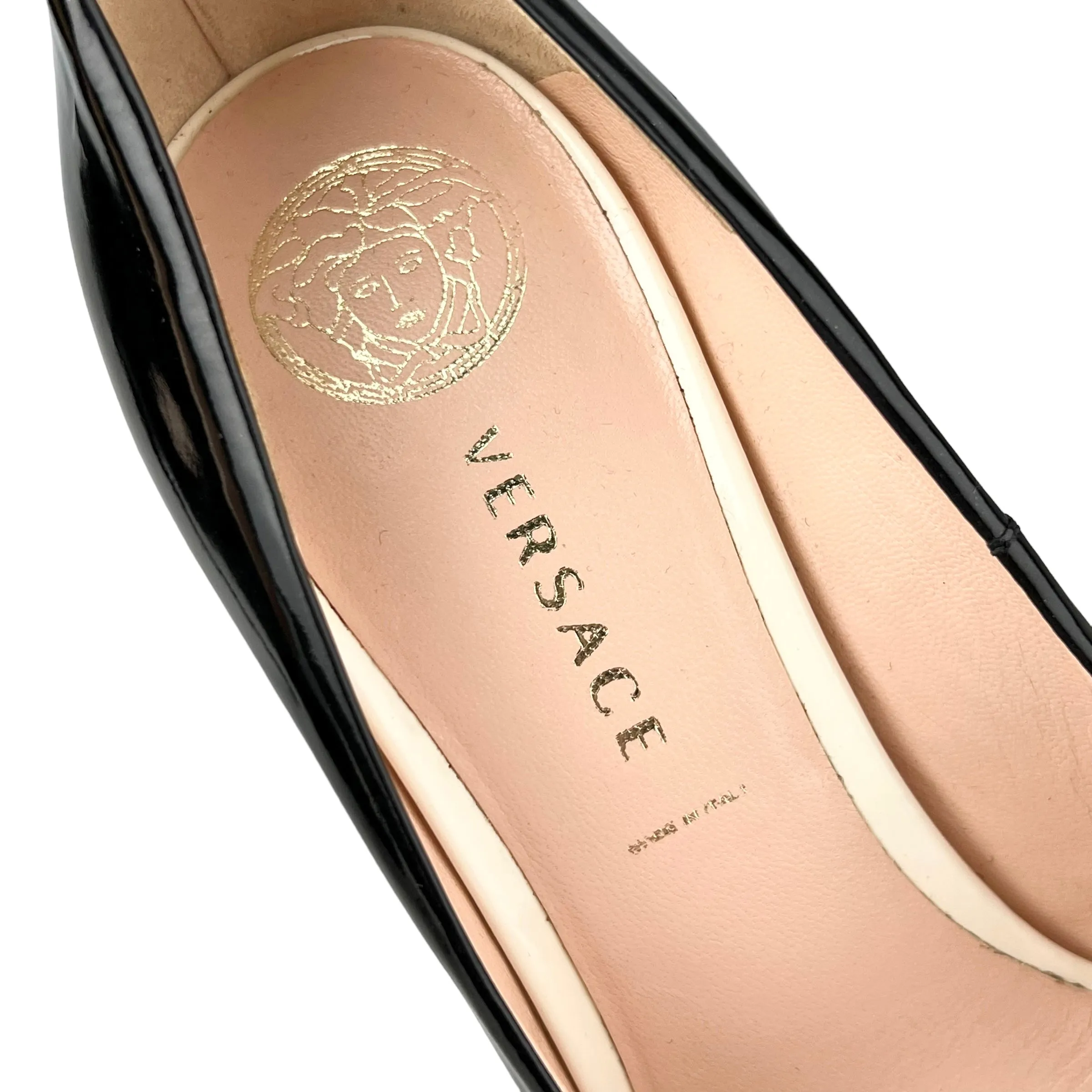 Versace Black and White Patent Leather Double Platform Peep Toe Heels