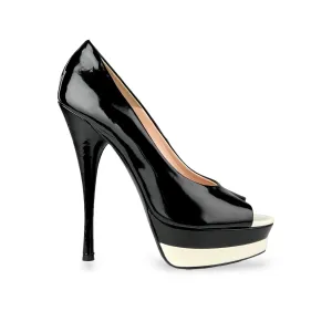 Versace Black and White Patent Leather Double Platform Peep Toe Heels