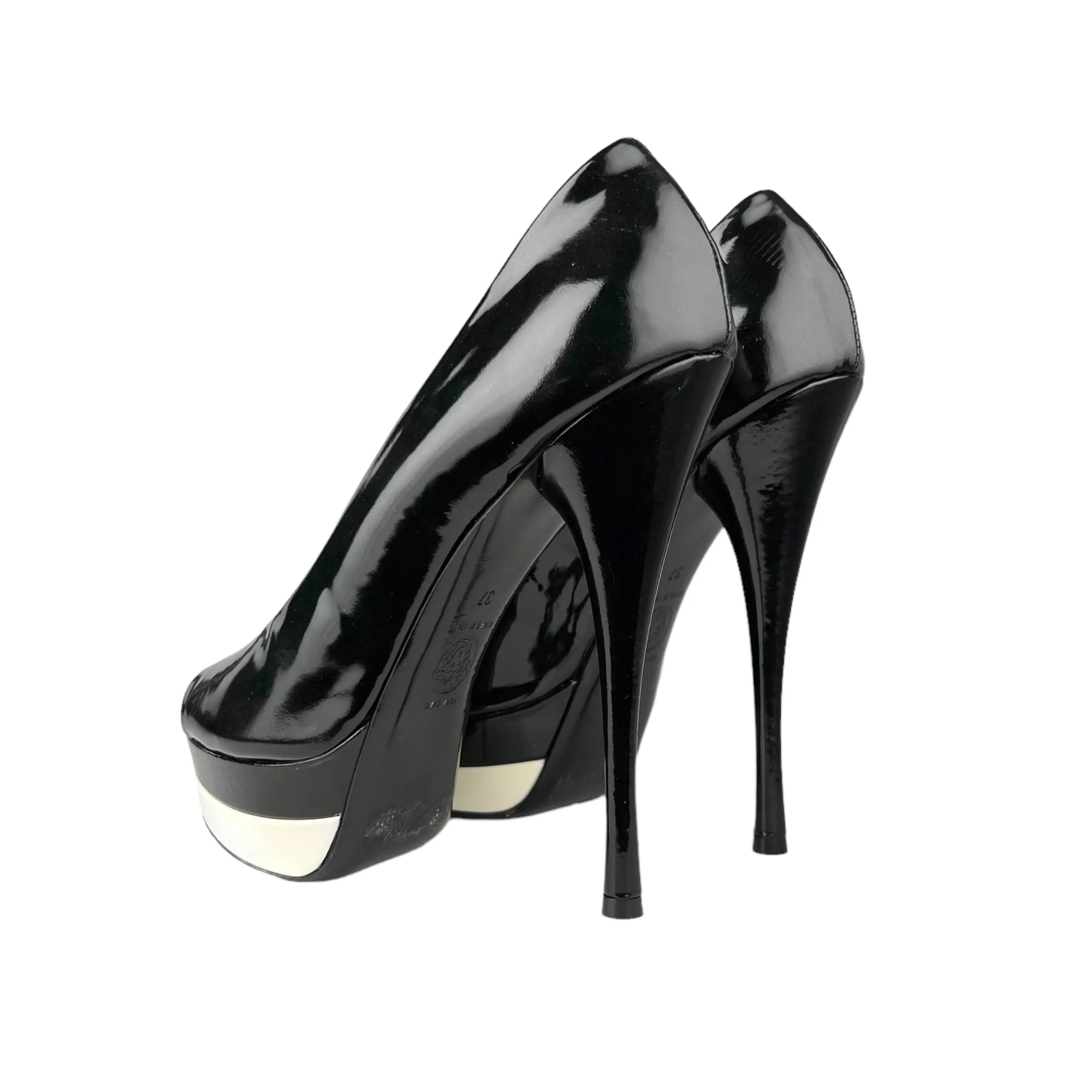 Versace Black and White Patent Leather Double Platform Peep Toe Heels