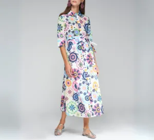 Vilagallo - Floral Print 3/4 Sleeve Shirt Dress in White Multi