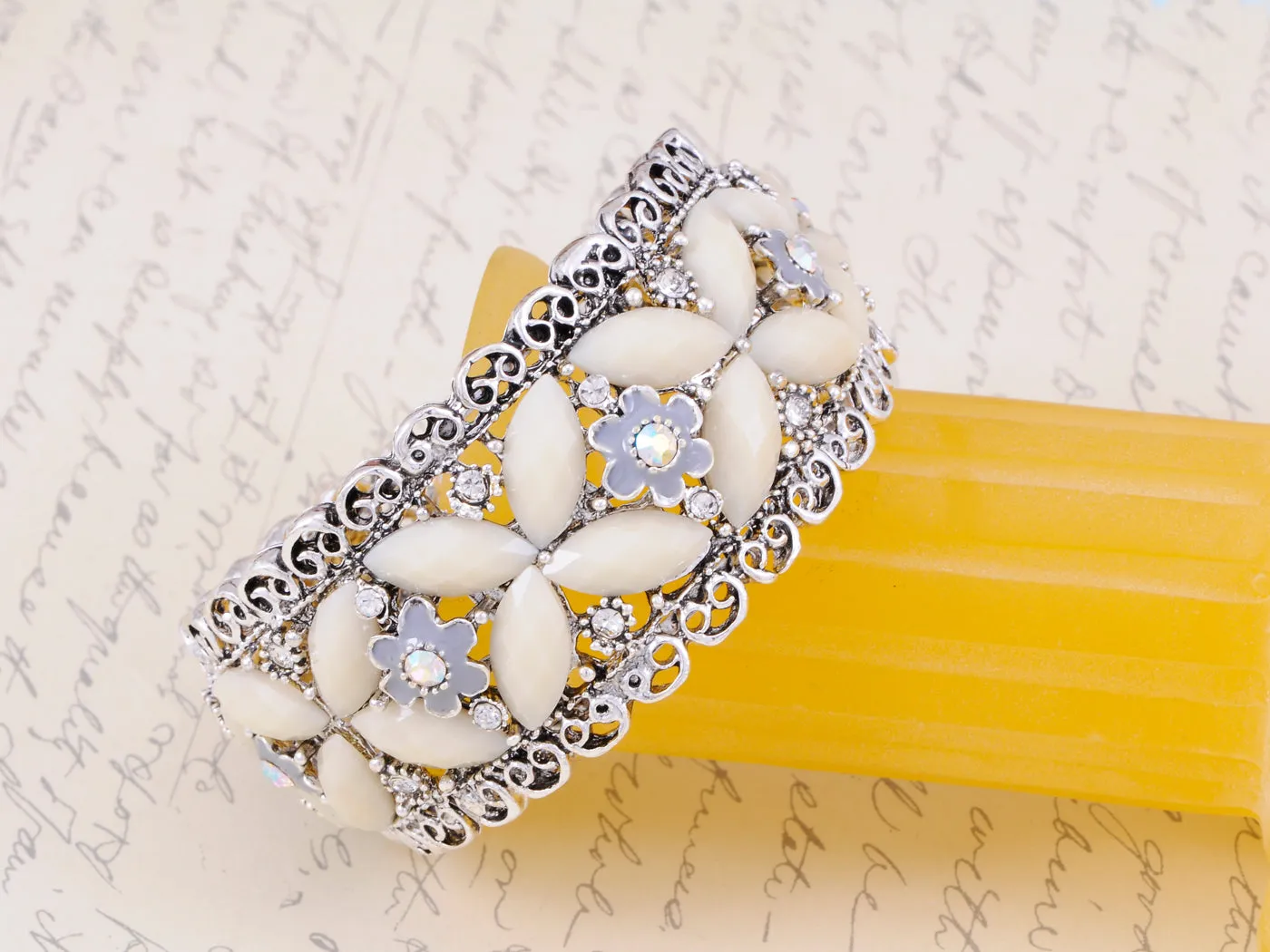 Vintage Ish Cream Bead Bead Flower Bracelet Bangle Cuff