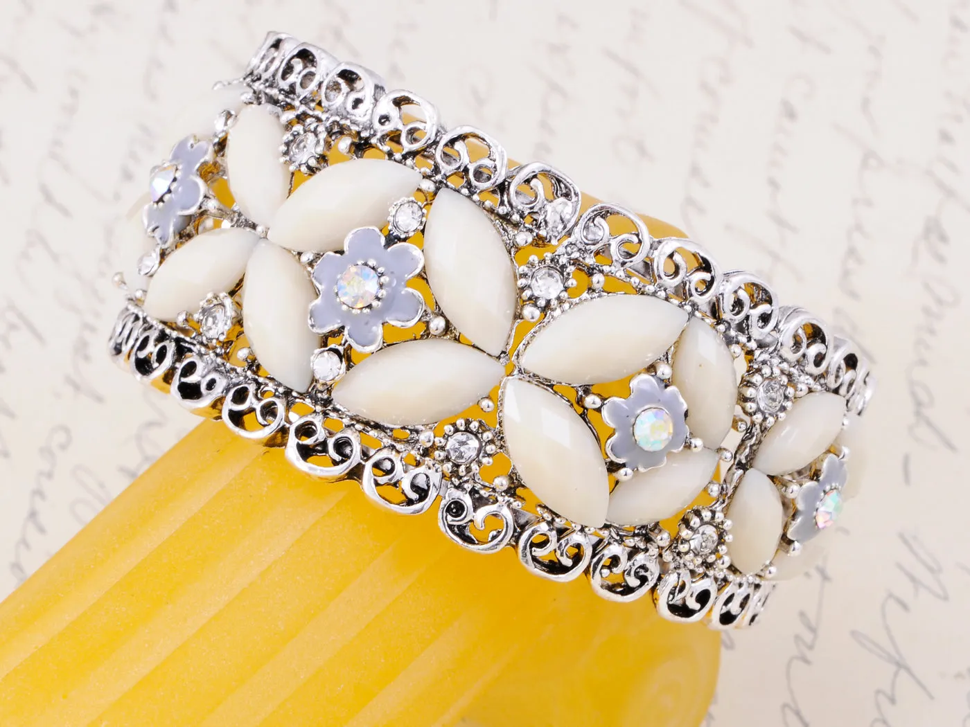 Vintage Ish Cream Bead Bead Flower Bracelet Bangle Cuff