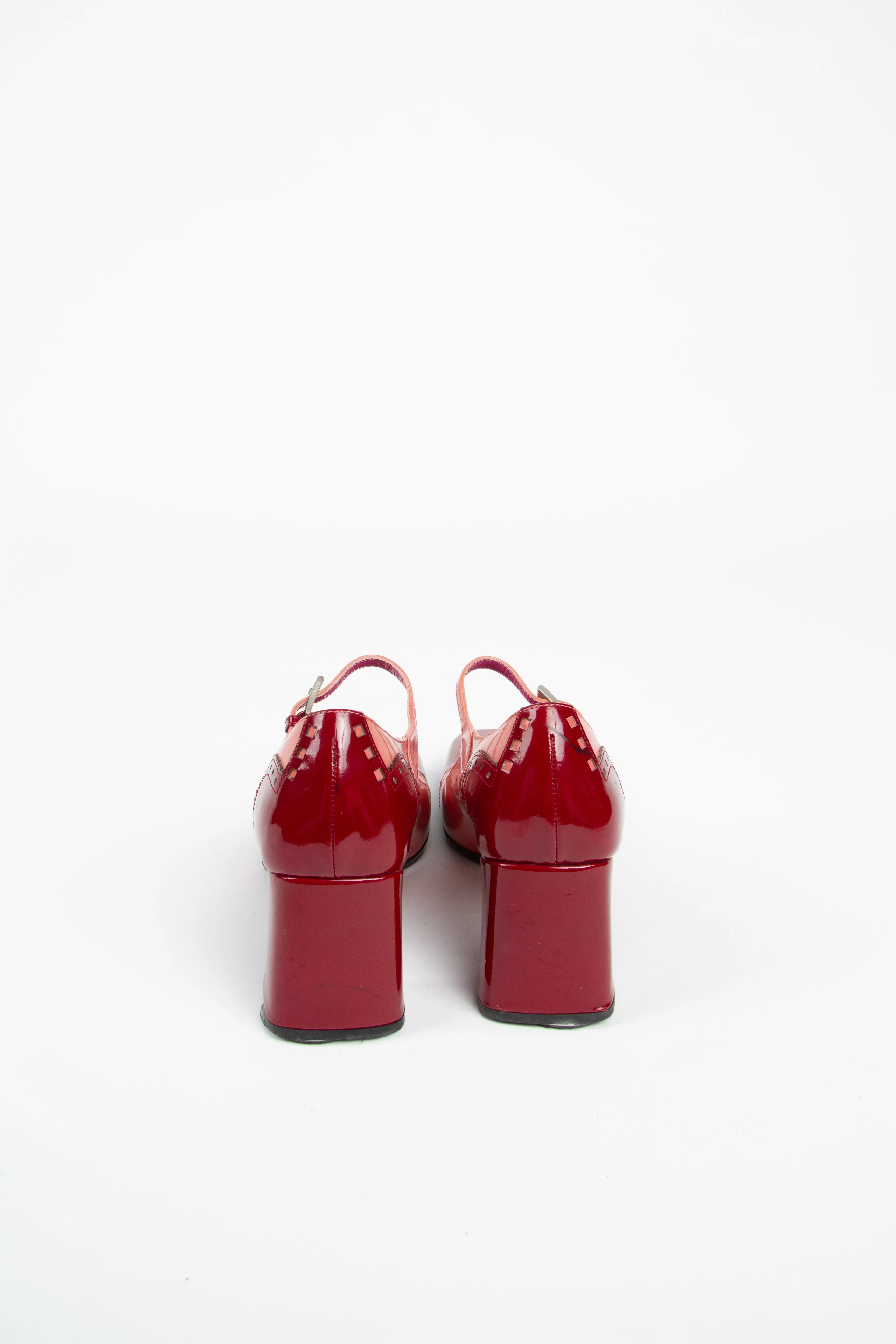 Vintage Prada FW 1999 Size 39 Pink and Red Patent Leather Mary Janes | Y2K Designer Heels Shoes