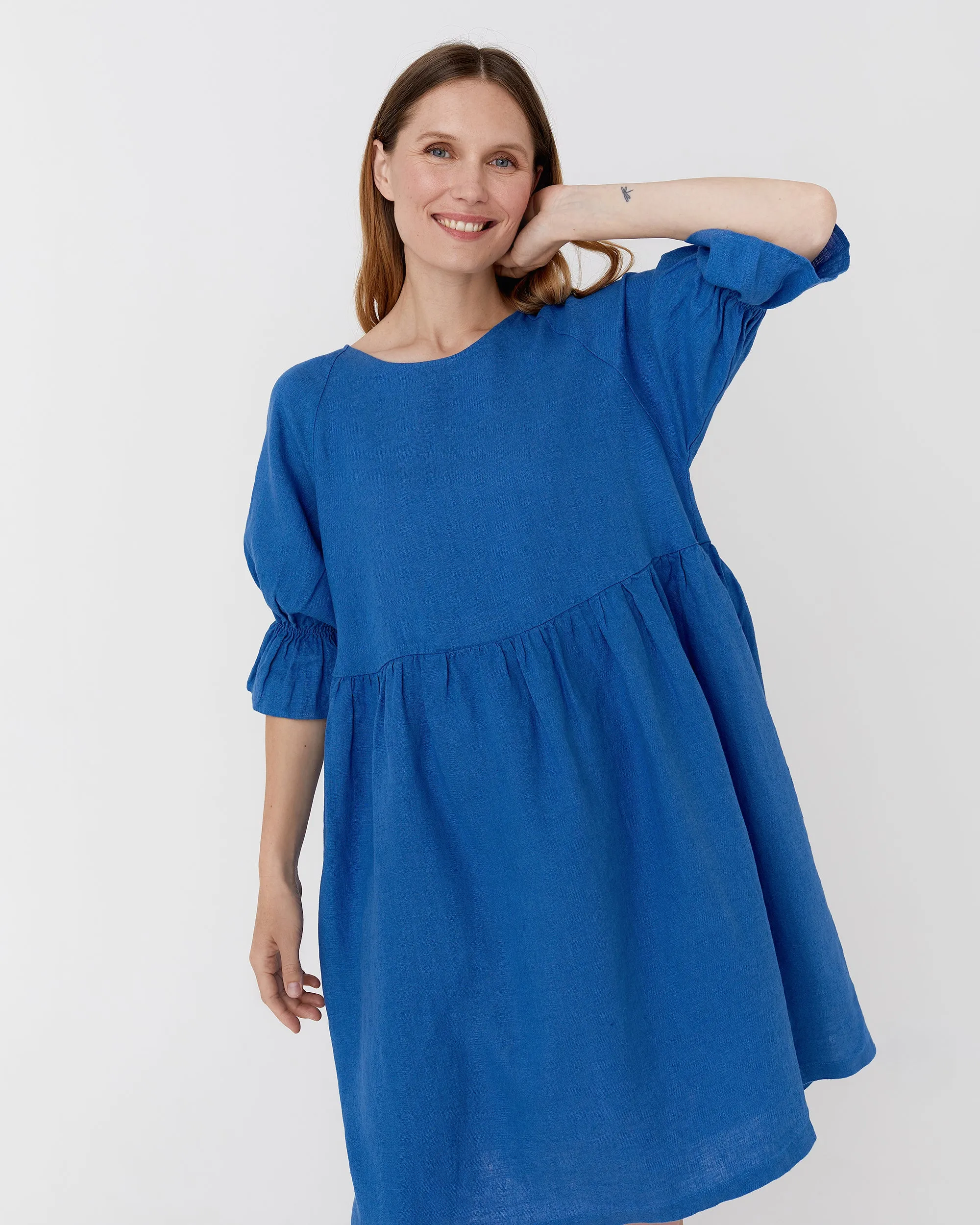 Voluminous linen dress NERJA in Cobalt blue
