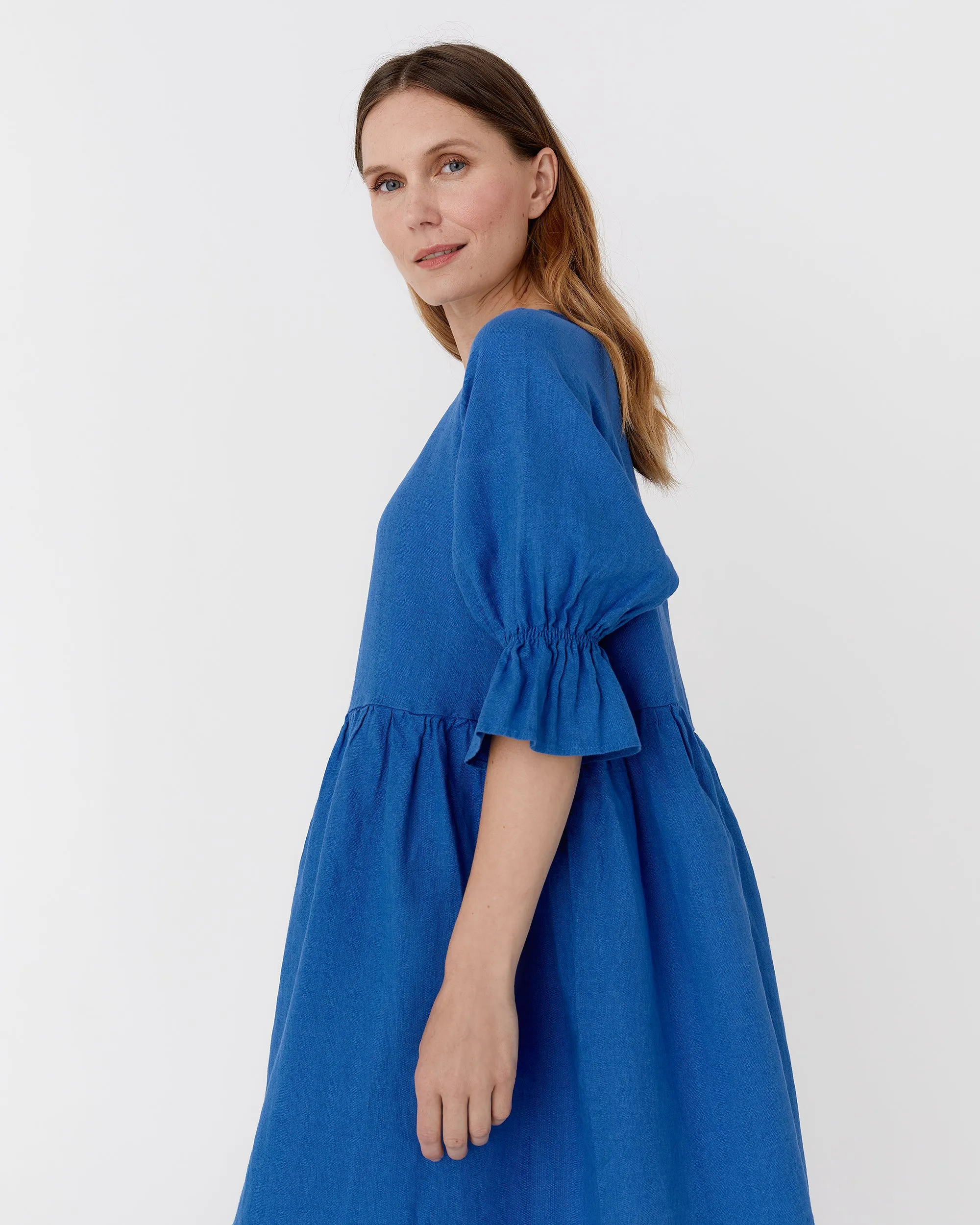 Voluminous linen dress NERJA in Cobalt blue