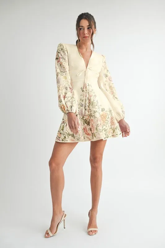 Waitlist 4/2 ♥ Valerie Long Sleeve Floral Print Flared Mini Dress Cream