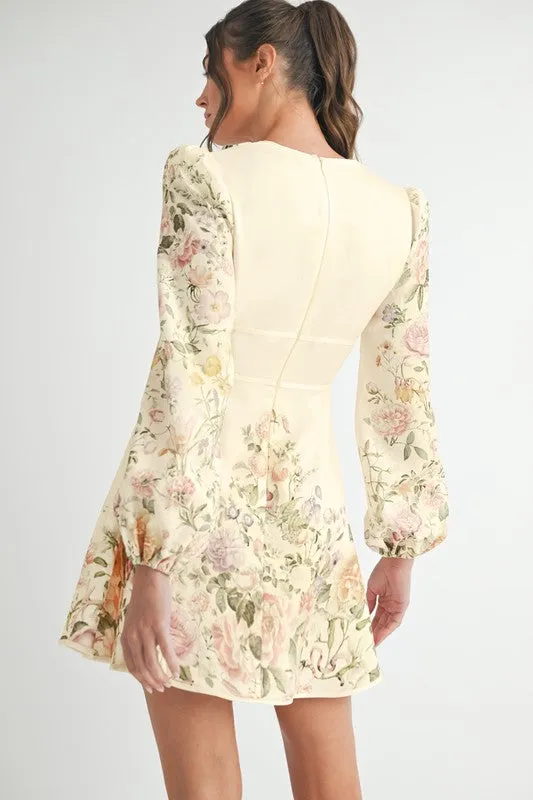 Waitlist 4/2 ♥ Valerie Long Sleeve Floral Print Flared Mini Dress Cream