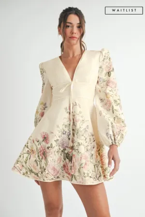Waitlist 4/2 ♥ Valerie Long Sleeve Floral Print Flared Mini Dress Cream