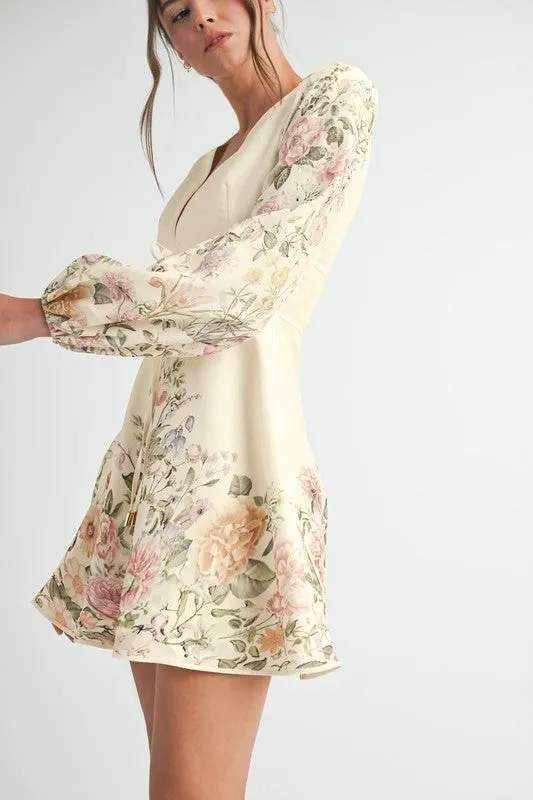 Waitlist 4/2 ♥ Valerie Long Sleeve Floral Print Flared Mini Dress Cream