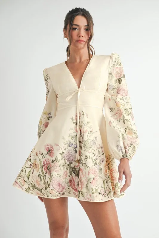 Waitlist 4/2 ♥ Valerie Long Sleeve Floral Print Flared Mini Dress Cream
