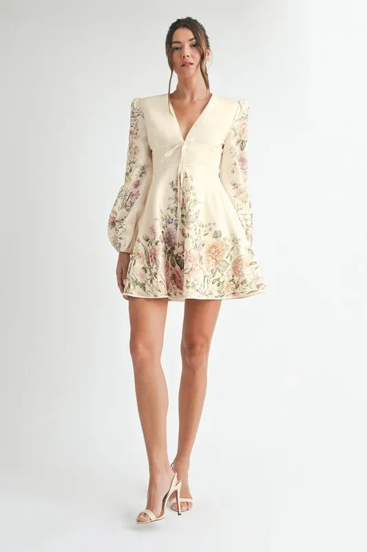 Waitlist 4/2 ♥ Valerie Long Sleeve Floral Print Flared Mini Dress Cream