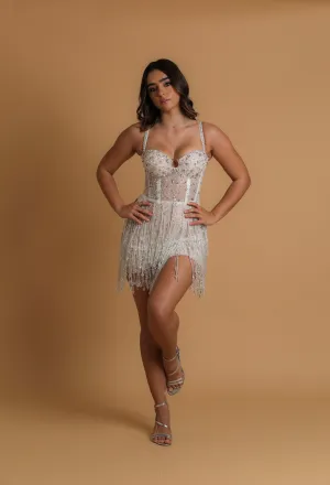 White Beaded Sparkly Mini Dress for hire