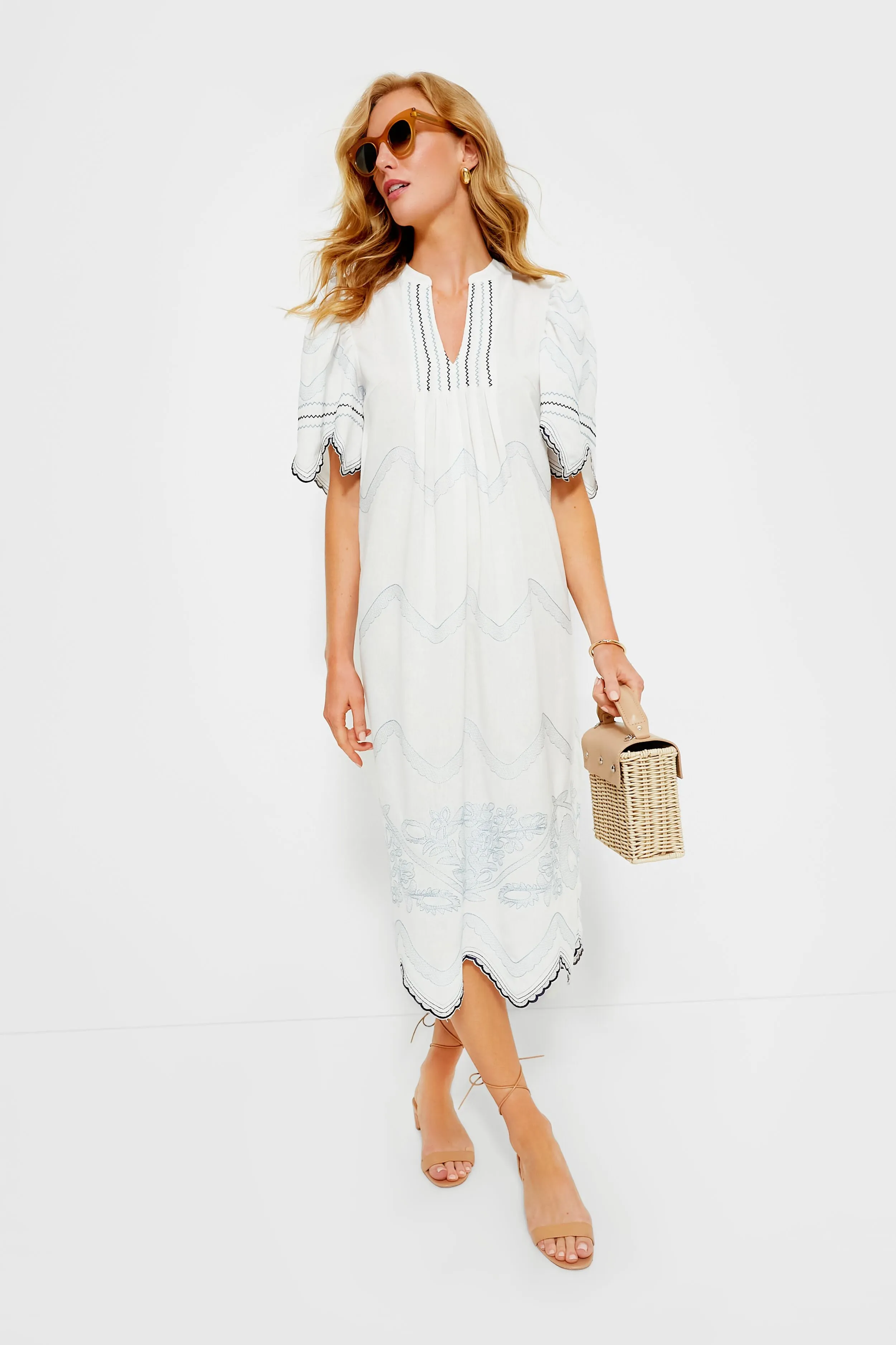 White Embroidered Weston Midi Dress