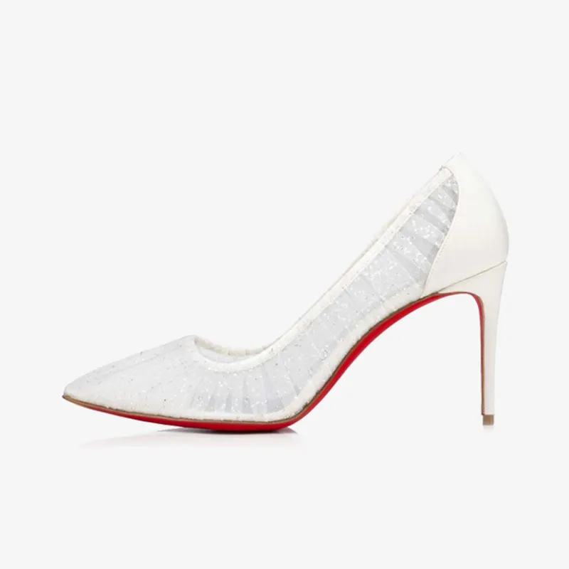 White Mesh and Sequined Tulle Pumps