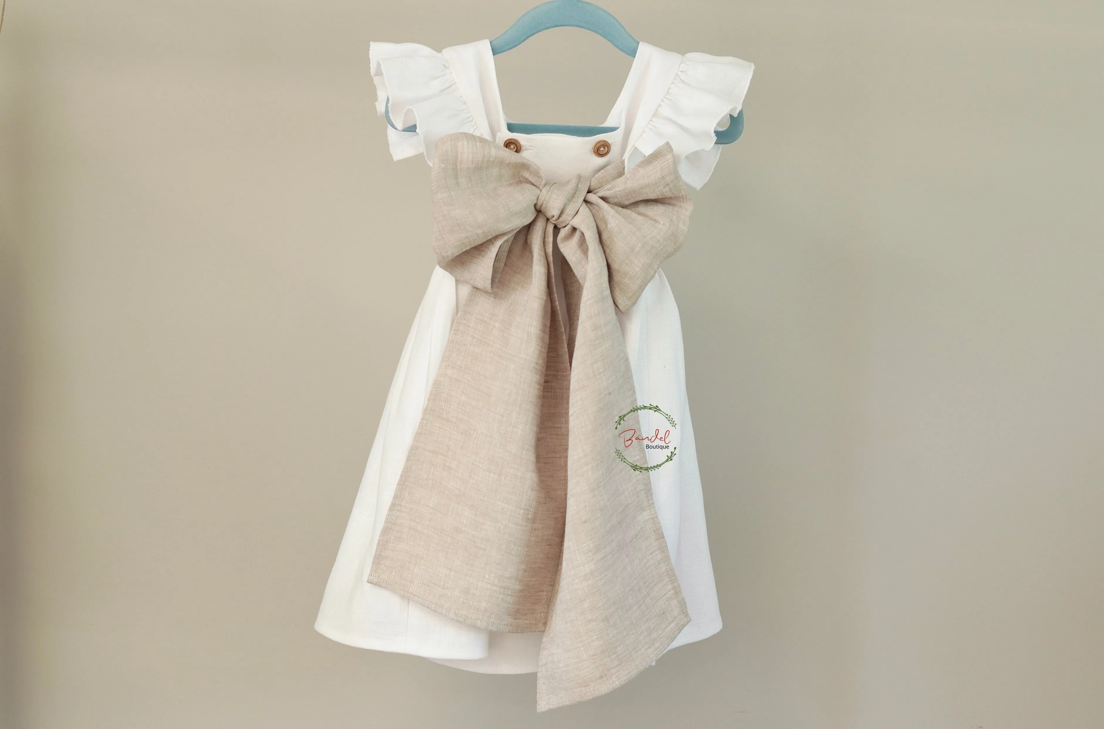 White Sash Bow Flutter Sleeves Dress