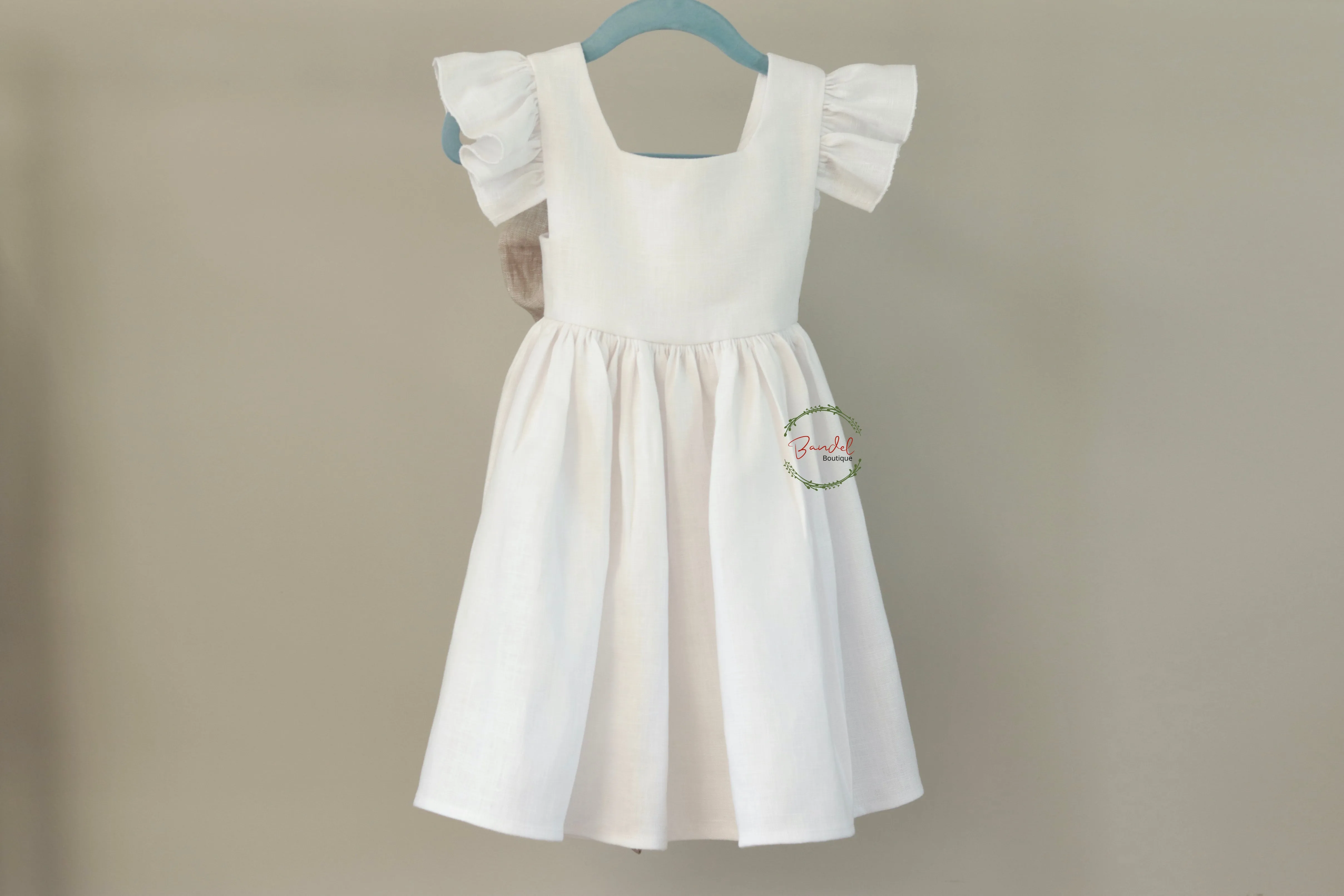 White Sash Bow Flutter Sleeves Dress