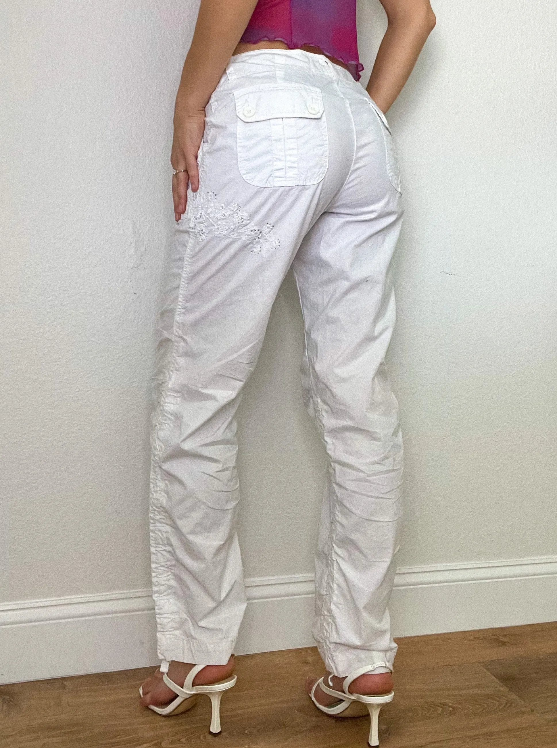 White Y2K Rhinestone Low Rise Cargo Pants